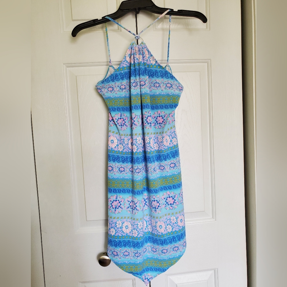 Juniors Vintage Medium Blue Floral Mini Dress w/Strap Ring & Spaghetti Straps